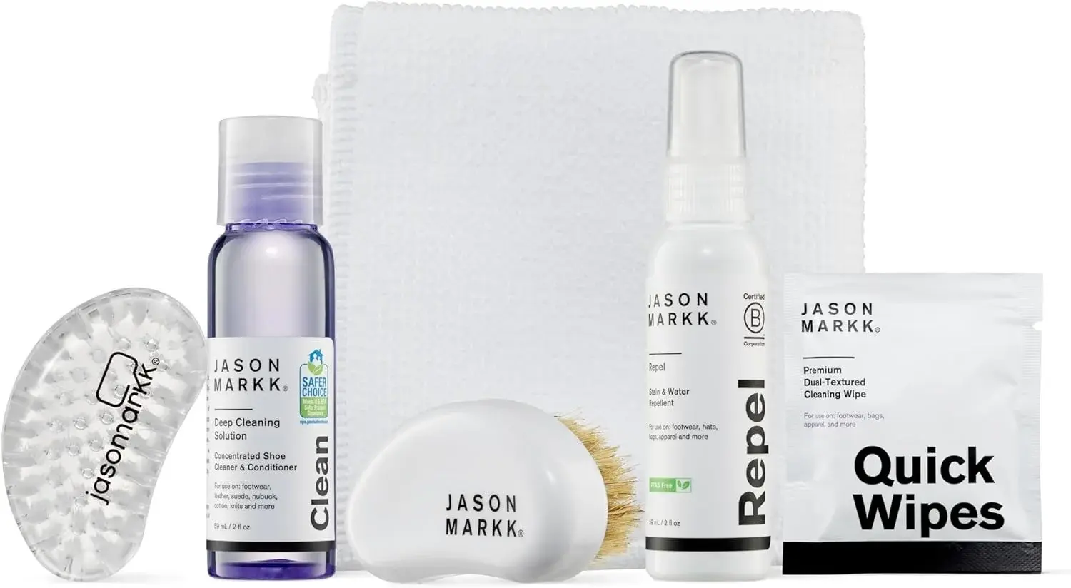 Jason Markk Starter Box, Shoe Cleaning Kit, 6-Piece Set, Deep Cleaning Solutions, Two Brushes, & Microfiber Towel, Sneaker Care, Ideal for Footwear, Safe on Leather, Suede, Nubuck, Cotton, Knits, 2oz