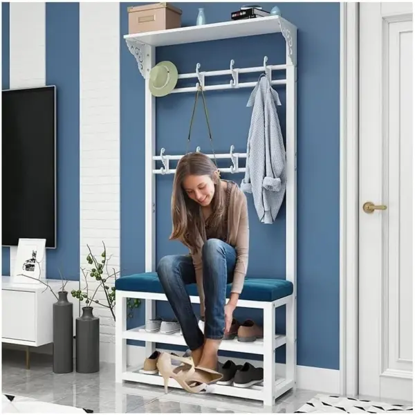Stylish Entryway Coat Rack Stand with Bench 8 Hooks & 2-Tier Shoe Storage Freestanding Hall Tree Metal e nizer for Home Modern Entryway Fur