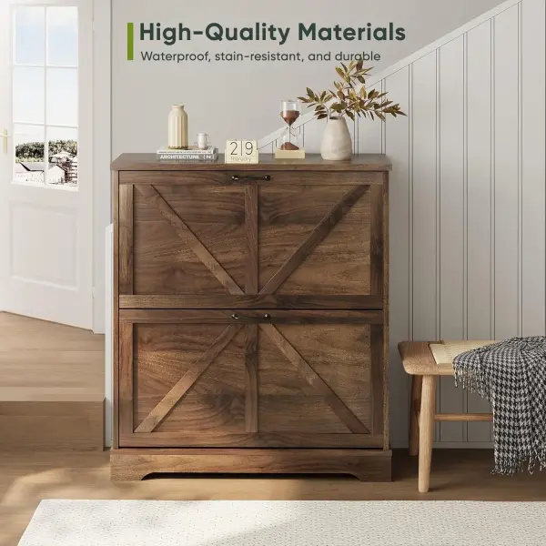 Smart FENDEE Shoe Cabinet, Shoe Storage Cabinet for Entryway with 2 Flip Drawers, Narrow Farmhouse Shoe Organizer Cabinet, Slim Shoe Rack Cabinet, 31.5in Walnut