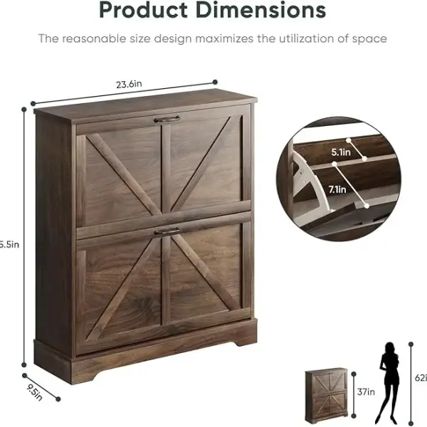 Smart FENDEE Shoe Cabinet, Shoe Storage Cabinet for Entryway with 2 Flip Drawers, Narrow Farmhouse Shoe Organizer Cabinet, Slim Shoe Rack Cabinet, 31.5in Walnut