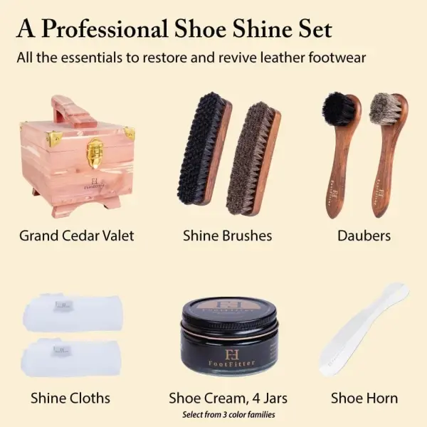 FootFitter Shoe Shine Set with Grand Cedar Storage Box, Polish Creams, Valet Box & Premium Shoe Care Tools for Leather Shoes