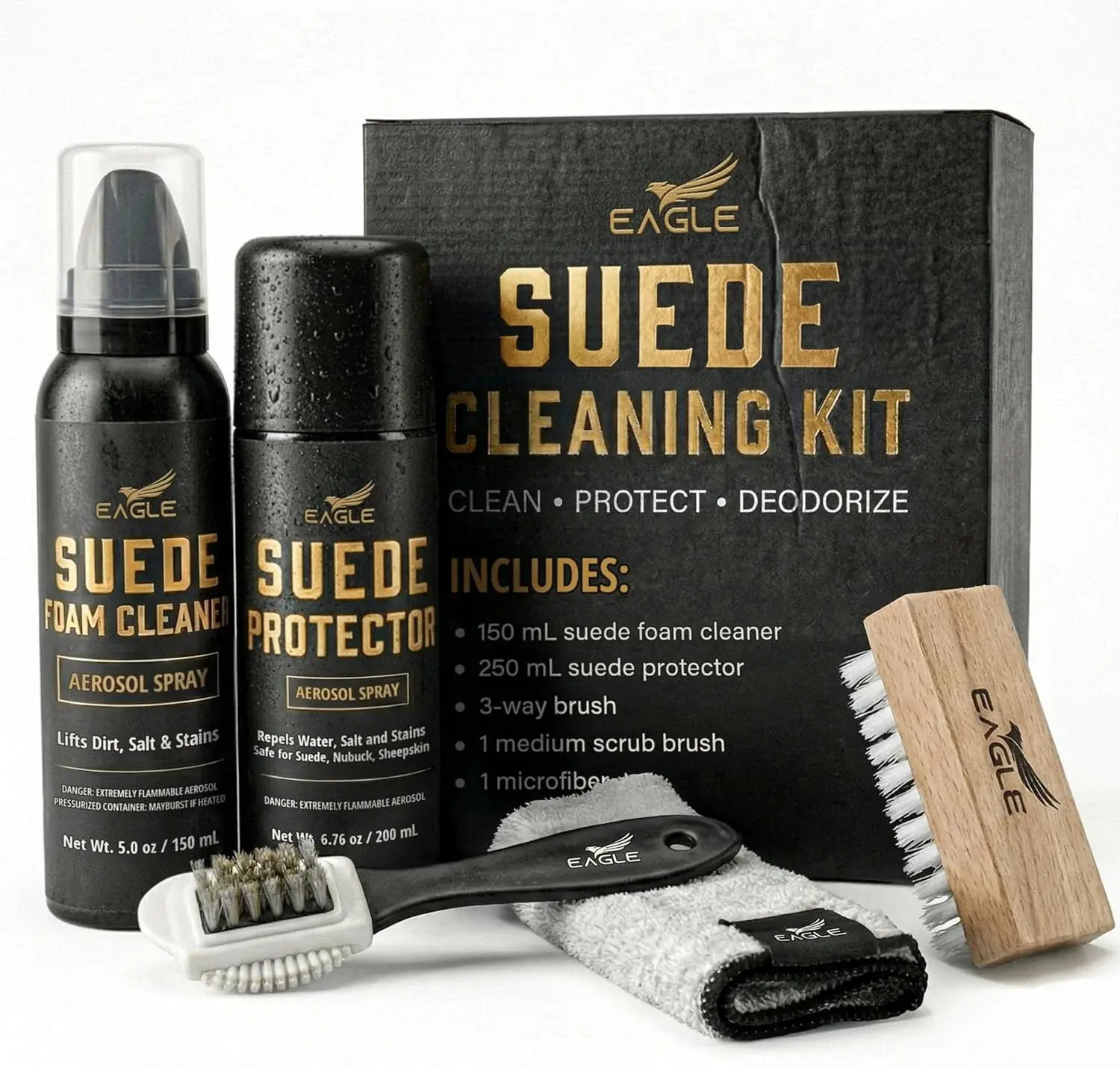 Eagle Suede & Nubuck Cleaning Kit – 5-Piece Set with Foam Suede Cleaner & Protector Spray, 3-Way Brush, Scrub Brush & Cloth – Suede Care Kit for Shoes & Boots- Compatible with Ugg Boots