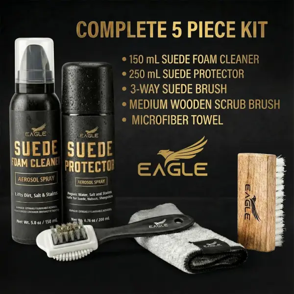Eagle Suede & Nubuck Cleaning Kit – 5-Piece Set with Foam Suede Cleaner & Protector Spray, 3-Way Brush, Scrub Brush & Cloth – Suede Care Kit for Shoes & Boots- Compatible with Ugg Boots
