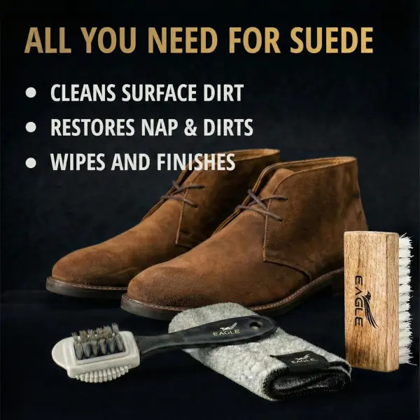 Eagle Suede & Nubuck Cleaning Kit – 5-Piece Set with Foam Suede Cleaner & Protector Spray, 3-Way Brush, Scrub Brush & Cloth – Suede Care Kit for Shoes & Boots- Compatible with Ugg Boots
