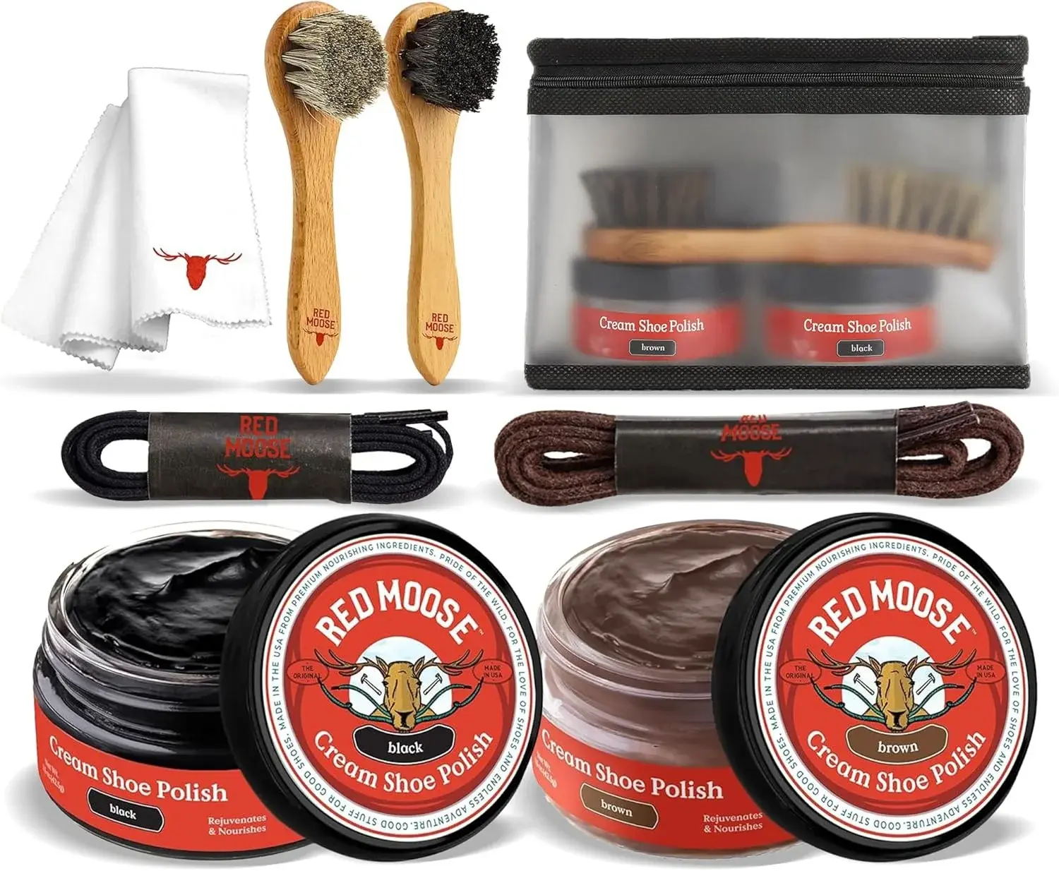 RED MOOSE Shoe Cleaning Kit for Leather Shoes – Black Shoe Polish Kit with Cream, Brushes, Cloth, and Travel Case – USA Made