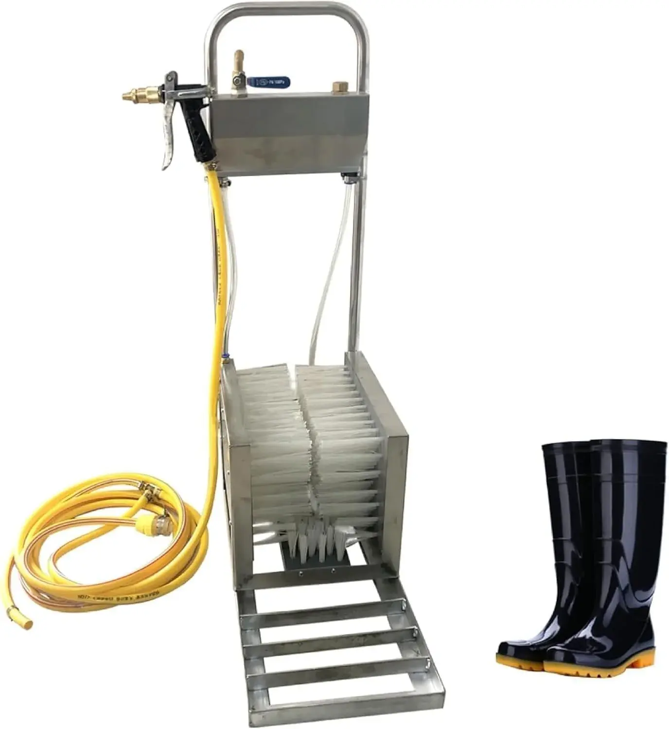 Stainless Steel Boot Scrubber & Shoe Cleaner Tool, 3-Sided Brush & Water Spray for Outdoor Footwear Cleaning, Ideal for Farms, Ranches, Livestock & Heavy-Duty Use