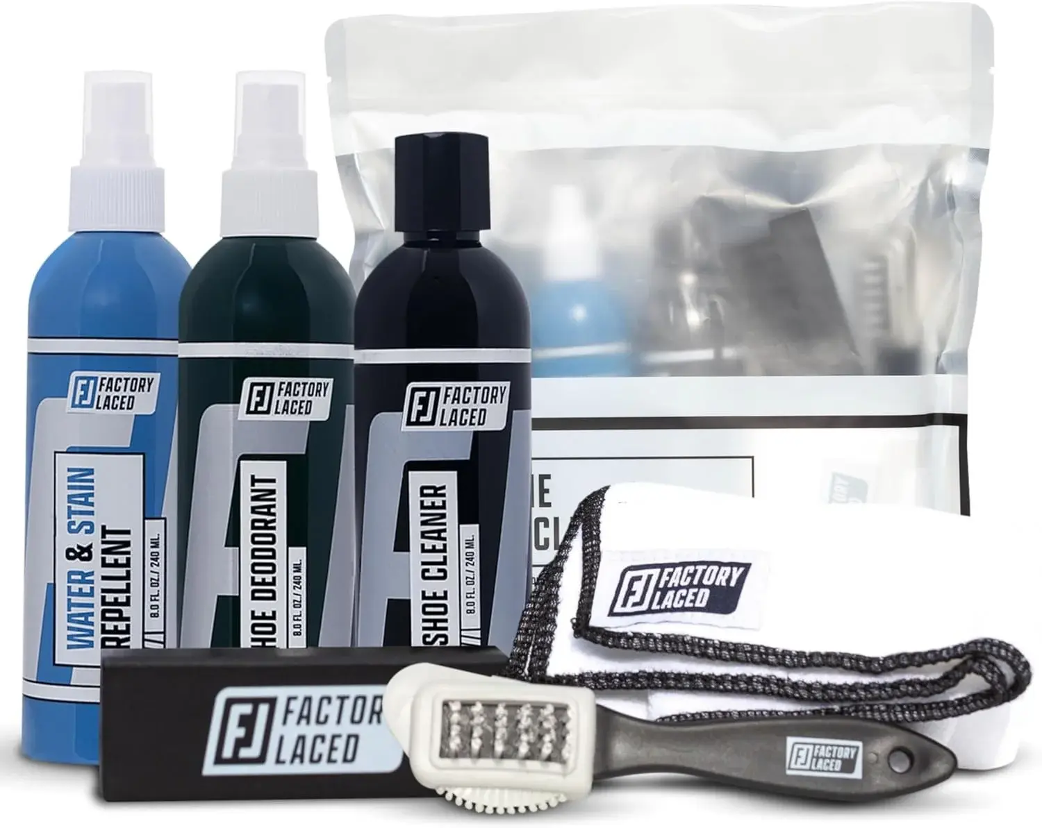 FACTORY LACED Sneaker Care Kit — Shoe Cleaner with Deodorizer & Water Repellent Spray, 2 Brushes & Microfiber Towel — Works on Jordan, Nike, Adidas — Leather, Suede, Canvas & Mesh