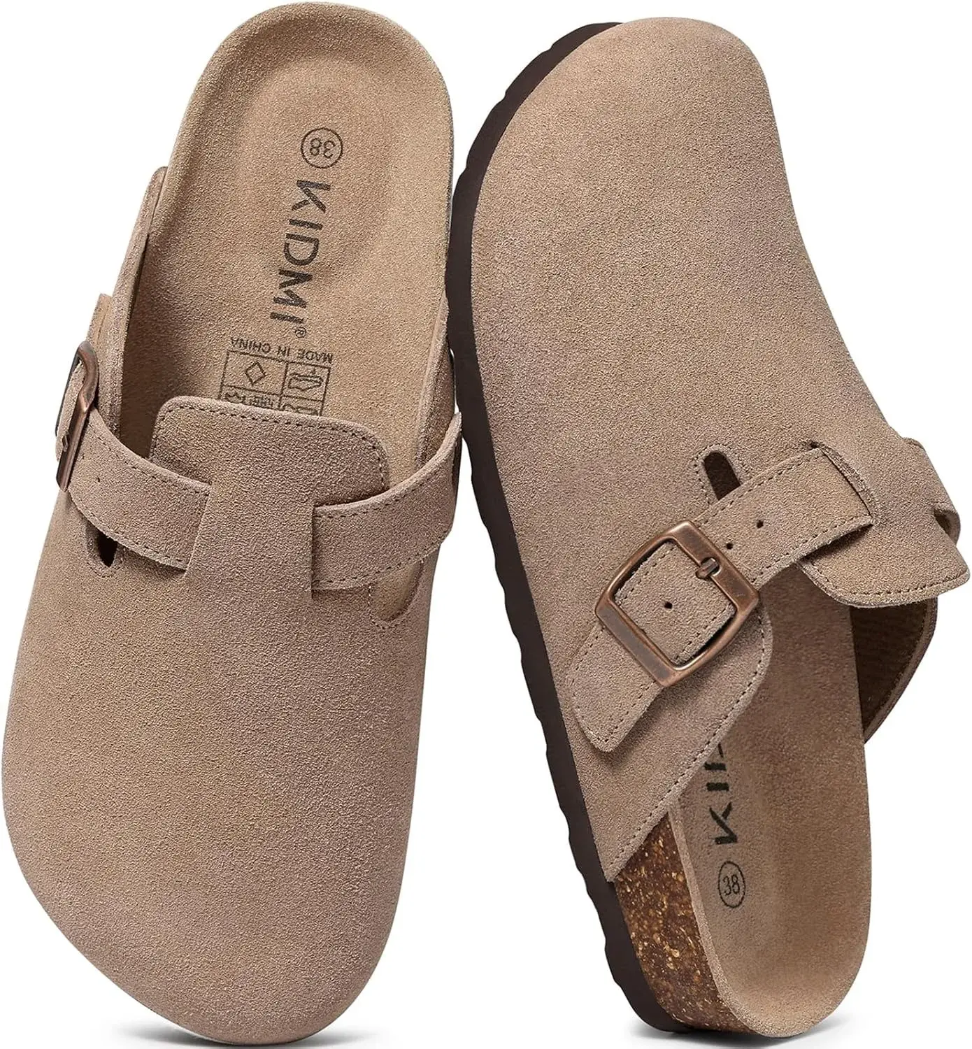 KIDMI Genuine Suede Clogs for Women Men Cork Footbed Sandals Leather Mules Potato Shoes with Arch Support