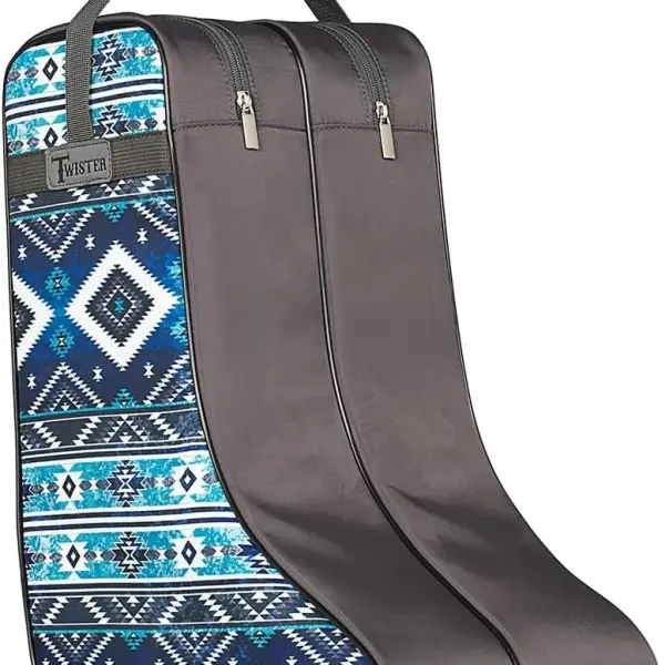 M&F Western Products TWISTER Boot Bag, Charcoal with Southwestern Blue Diamond Pattern, Nylon Handles and Gussets