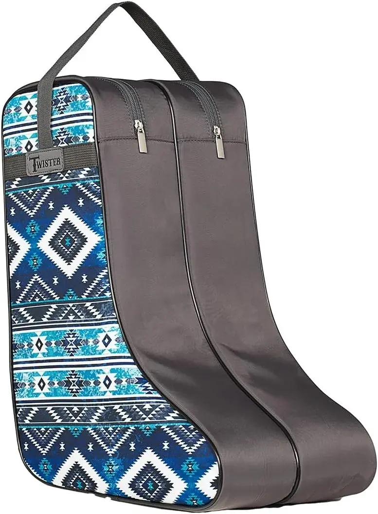 M&F Western Products TWISTER Boot Bag, Charcoal with Southwestern Blue Diamond Pattern, Nylon Handles and Gussets