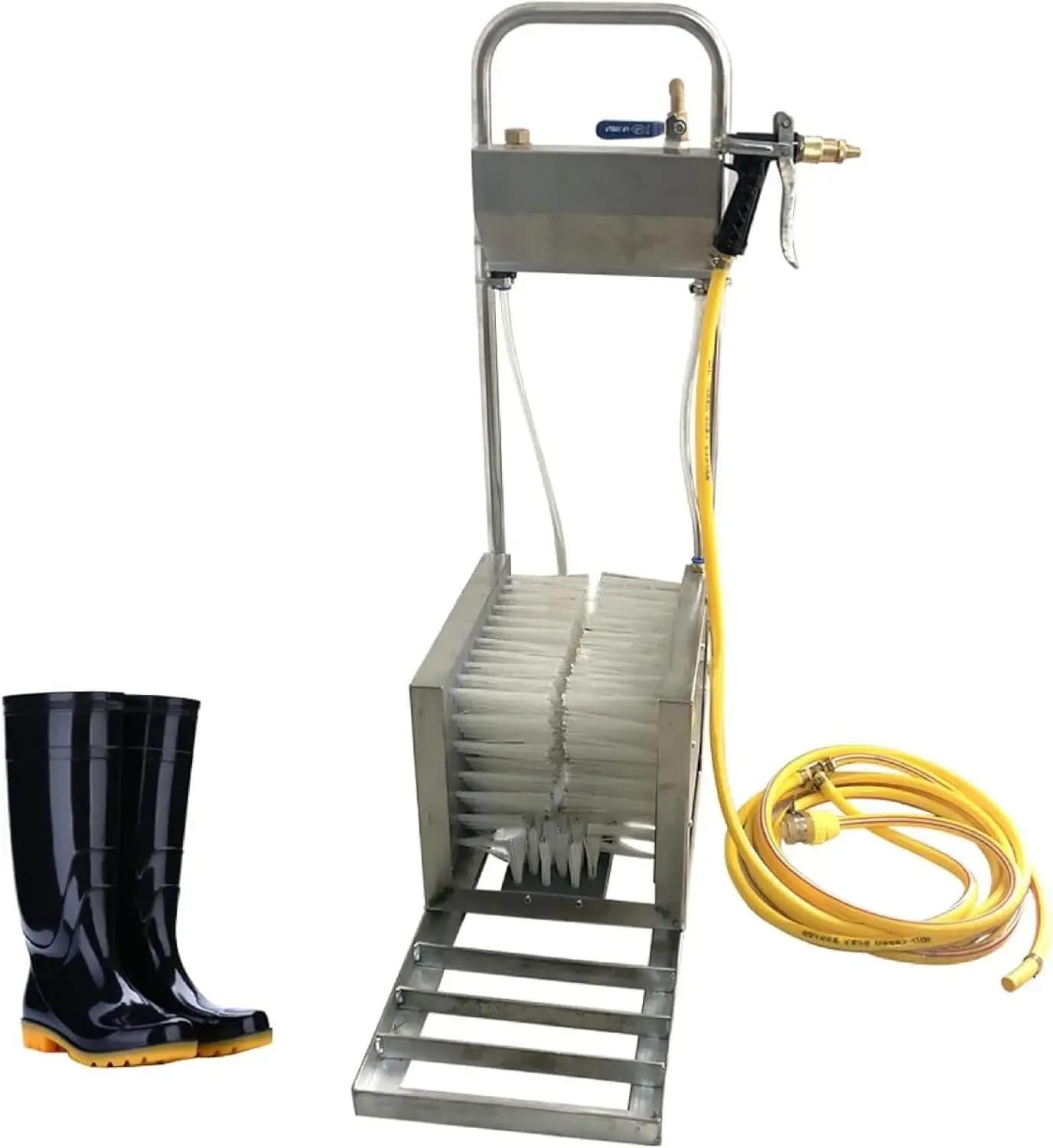 Farm Boot Scrubber with 3-Sided Brushes & Water Spray | Stainless Steel Shoe Cleaner Tool | Heavy-Duty Footwear Scraper for Livestock, Farm & Ranch Use