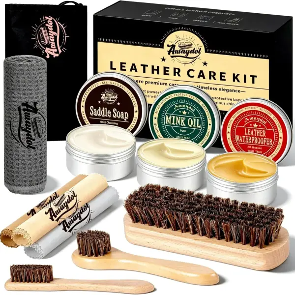 11 PCS Leather Care Kit - Horsehair Brushes,Saddle Soap,Waterproofing Wax,Mink Oil Conditioner,Polishing Cloth,Microfiber cloth,Boot Shoe Shine Cleaning Kit Gift for Men Cowboy Husband Dad ﻿
