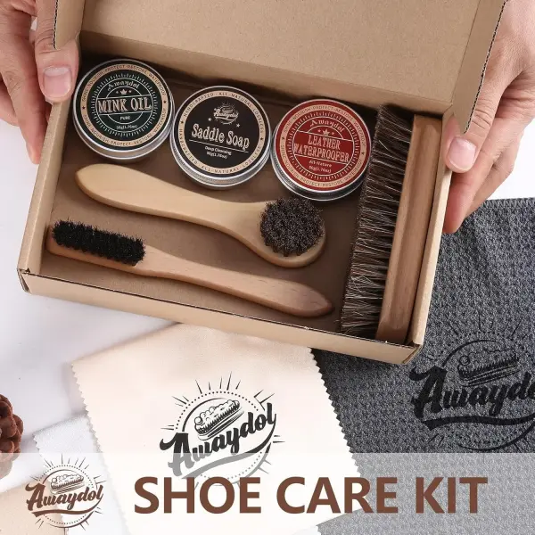11 PCS Leather Care Kit - Horsehair Brushes,Saddle Soap,Waterproofing Wax,Mink Oil Conditioner,Polishing Cloth,Microfiber cloth,Boot Shoe Shine Cleaning Kit Gift for Men Cowboy Husband Dad ﻿