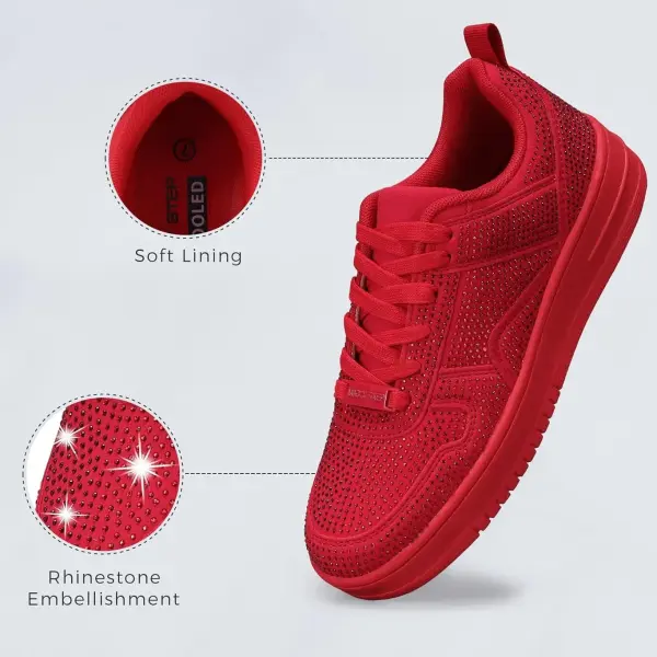 LUCKY STEP Women Fashion Sparkle Rhinestone Sneakers White Leather Low Top Tennis Shoes Lace Up Casual Comfortable Walking Shoe