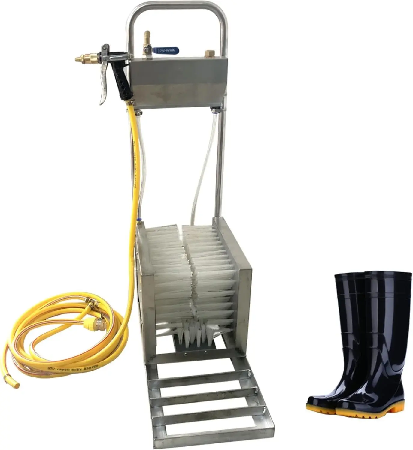 Boot Scrubber Shoe Cleaner, Stainless Steel Brush Scraper & Footwear Cleaner with Water Spray Gun for Farms, Ranches, and Construction Sites