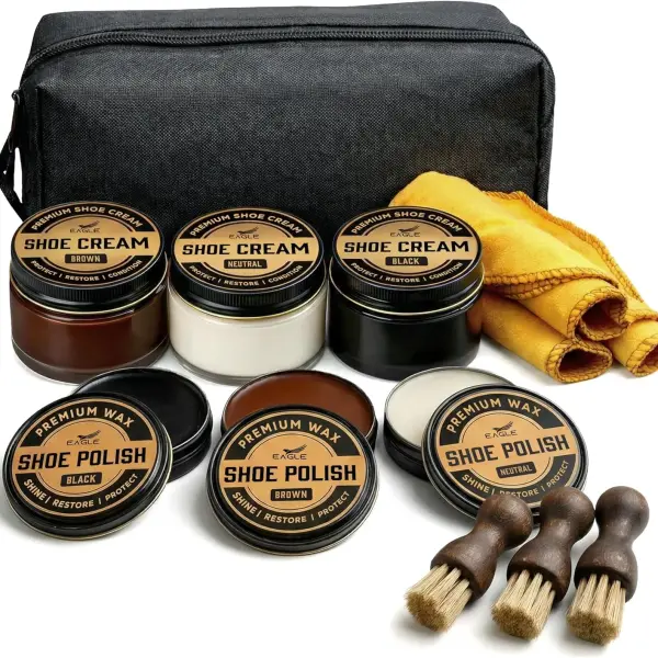 Eagle 13-Piece Shoe Polish Kit – Black, Brown & Neutral Shoe Wax & Boot Cream with Dauber Brushes and Shine Cloths – Leather Shoe Shine & Care Kit