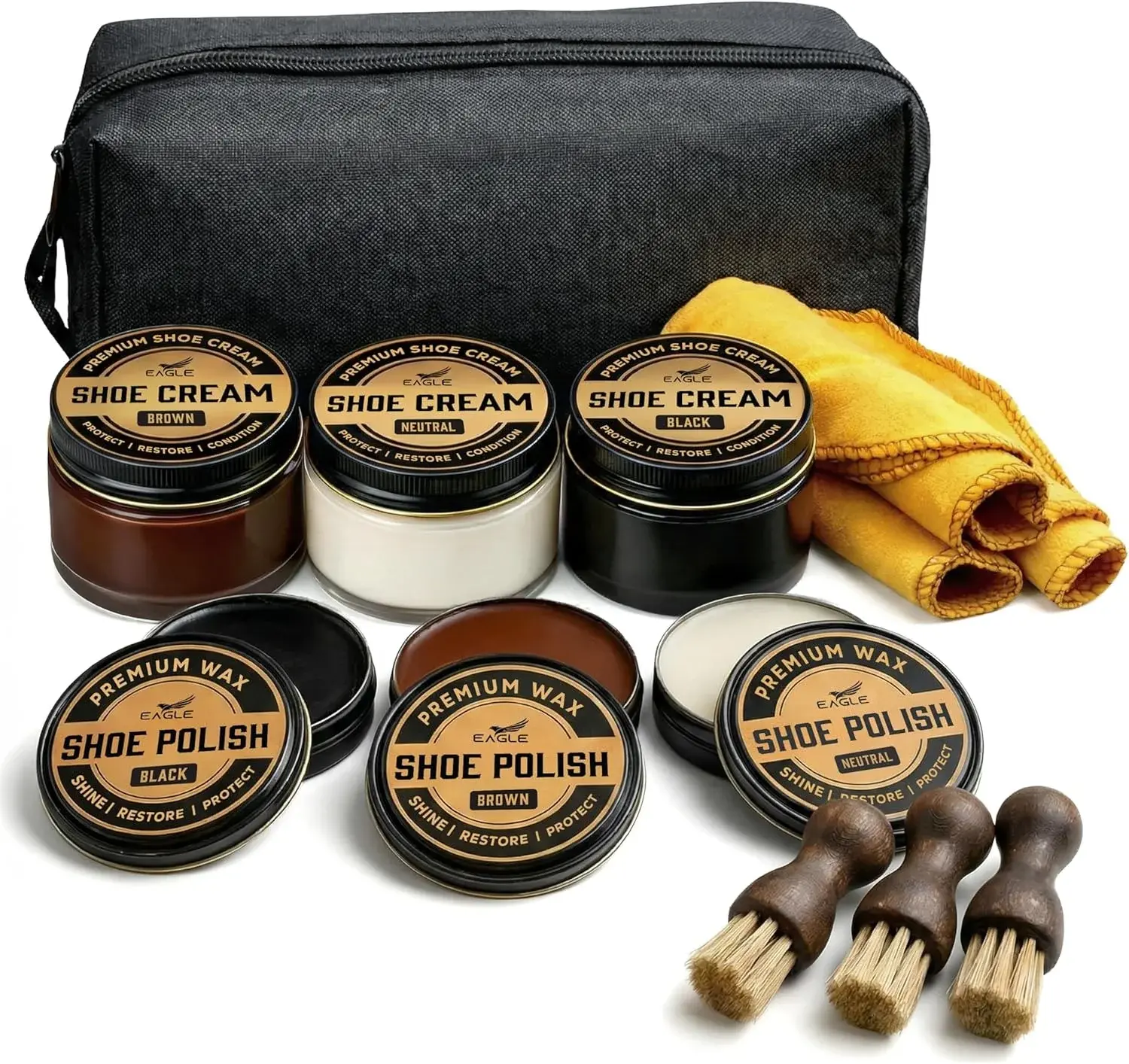 Eagle 13-Piece Shoe Polish Kit – Black, Brown & Neutral Shoe Wax & Boot Cream with Dauber Brushes and Shine Cloths – Leather Shoe Shine & Care Kit