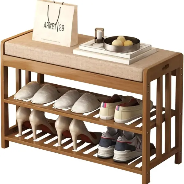 Shoe Bench with Storage, Wooden Shoe Storage Bench with Cushion&Hidden Drawer, 2-Tier Shoe Rack Bench for Entryway, Checkroom, Hallway,70x30x44cm/27.5x11.8x17.3in