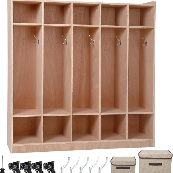 5-Section Classroom Coat Locker with 10 Cubbies, Wheeled Daycare Cubbies with 5 Hooks & 2 Storage Boxes, Kindergarten Lockers for Home, School, School, Living Room