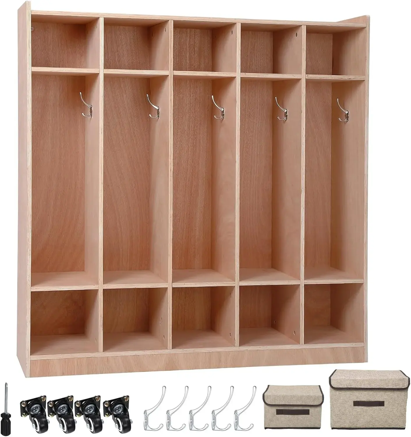5-Section Classroom Coat Locker with 10 Cubbies, Wheeled Daycare Cubbies with 5 Hooks & 2 Storage Boxes, Kindergarten Lockers for Home, School, School, Living Room