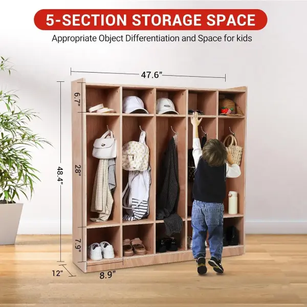 5-Section Classroom Coat Locker with 10 Cubbies, Wheeled Daycare Cubbies with 5 Hooks & 2 Storage Boxes, Kindergarten Lockers for Home, School, School, Living Room