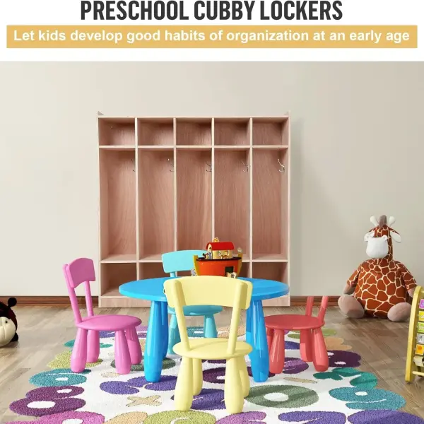 5-Section Classroom Coat Locker with 10 Cubbies, Wheeled Daycare Cubbies with 5 Hooks & 2 Storage Boxes, Kindergarten Lockers for Home, School, School, Living Room