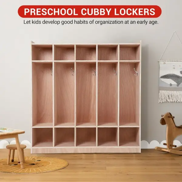 5-Section Classroom Coat Locker with 10 Cubbies, Wheeled Daycare Cubbies with 5 Hooks & 2 Storage Boxes, Kindergarten Lockers for Home, School, School, Living Room