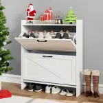 Lomojo Shoe Cabinet Storage for Entryway, Hidden Shoes Storage Cabinet with 2 Flip Drawers, Freestanding Shoes Cabinet with Adjustable Shelves, Hallway, Narrow Shoe Rack with Legs, White