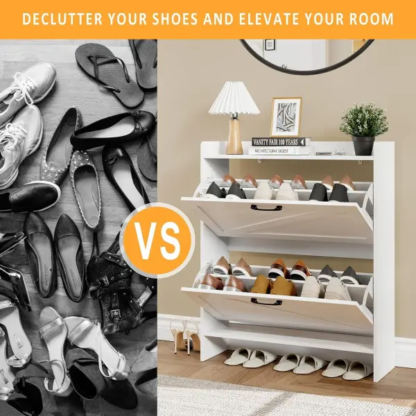 Lomojo Shoe Cabinet Storage for Entryway, Hidden Shoes Storage Cabinet with 2 Flip Drawers, Freestanding Shoes Cabinet with Adjustable Shelves, Hallway, Narrow Shoe Rack with Legs, White