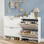 Lomojo Shoe Cabinet Storage for Entryway, Hidden Shoes Storage Cabinet with 2 Flip Drawers, Freestanding Shoes Cabinet with Adjustable Shelves, Hallway, Narrow Shoe Rack with Legs, White