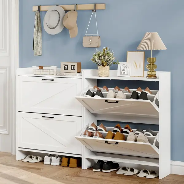 Lomojo Shoe Cabinet Storage for Entryway, Hidden Shoes Storage Cabinet with 2 Flip Drawers, Freestanding Shoes Cabinet with Adjustable Shelves, Hallway, Narrow Shoe Rack with Legs, White
