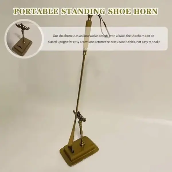 Vintage Brass Shoe Horn with Base - Self-Standing Shoe Lifter for Elderly, Stable & Durable, Perfect for Home Use, Easy on Feet, Ideal Gift for Seniors