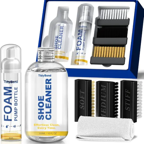 Shoe Cleaner Kit for Sneakers – 10.6oz Premium Shoe Cleaning Set with 3 Brushes & Microfiber Towel, Sneaker Cleaner for White Shoes, Boots, Leather, Suede, Canvas, Mesh, PU & Fabric