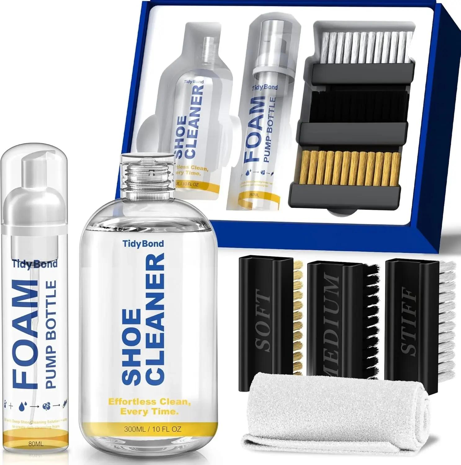 Shoe Cleaner Kit for Sneakers – 10.6oz Premium Shoe Cleaning Set with 3 Brushes & Microfiber Towel, Sneaker Cleaner for White Shoes, Boots, Leather, Suede, Canvas, Mesh, PU & Fabric