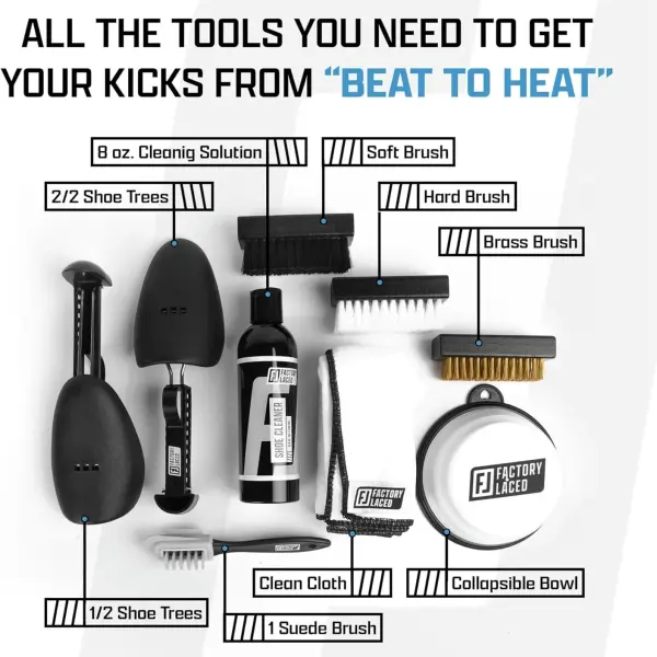 FACTORY LACED Shoe Cleaning Kit – Complete Sneaker Cleaner with 4 Brushes, 8oz Solution, Shoe Trees & Microfiber Towel – Works on Leather, Suede, Canvas & Mesh