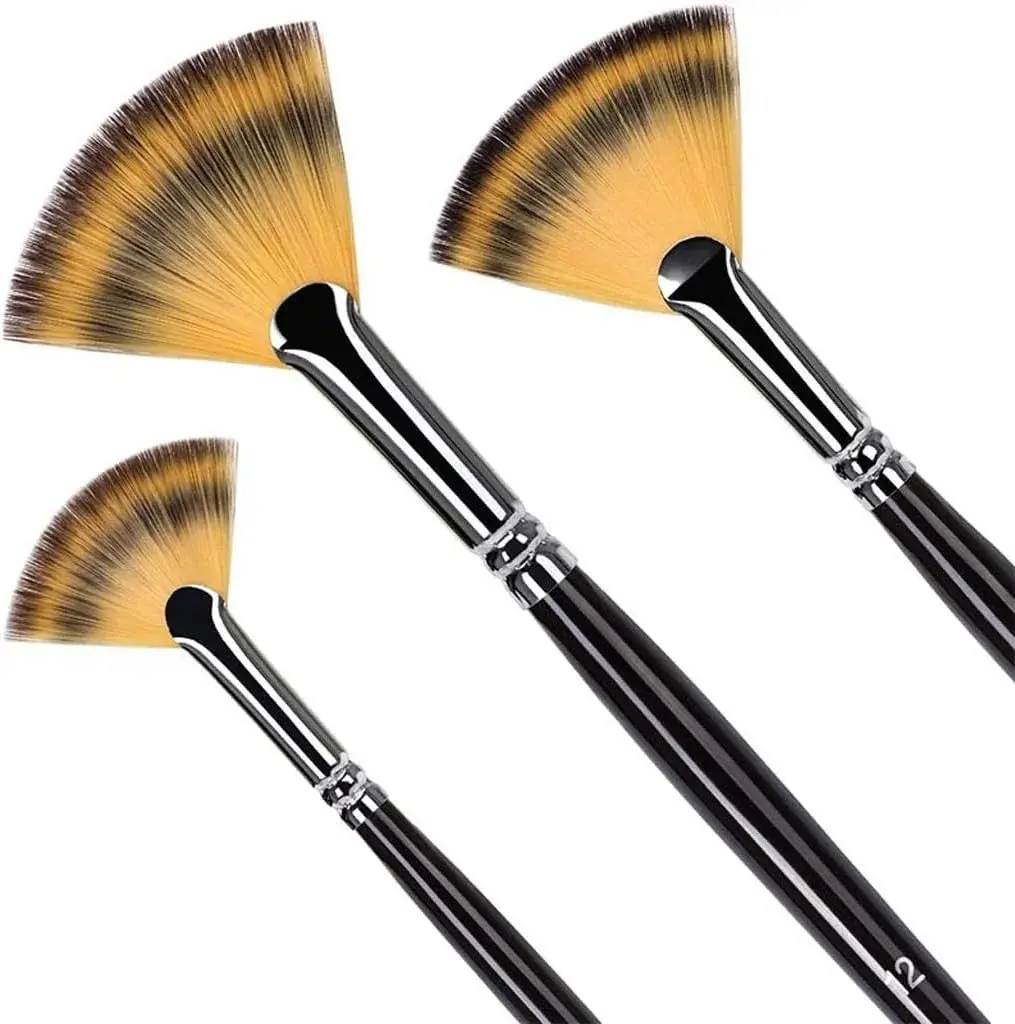 3Pcs Fan Brushes Set Soft Nylon Hair Birch Wooden Long Handle Artist Paint Brush for Acrylic Watercolor Painting (D As Shown) (D As Shown) (D As Shown)