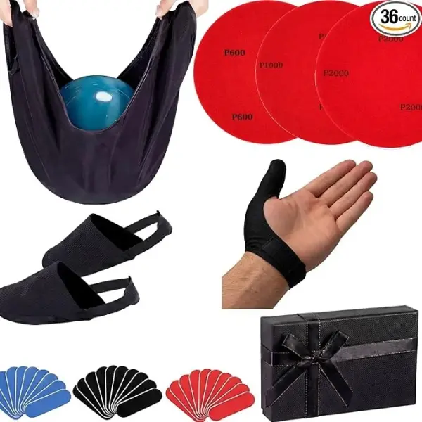 Geiserailie 36 Pcs Bowling Ball Basics Accessory Kits Gifts Box Non-Slip Shoe Covers, Thumb Tape, Thumb Saver, Polisher & Sanding Pads - Complete Bowling Ball Care & Gift Set for Men Women Bowlers